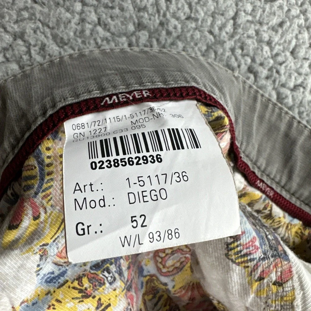 Meyer‎ Diego Chino Pants Men 36x28 Grey Cotton Stretch Modern Flat Front